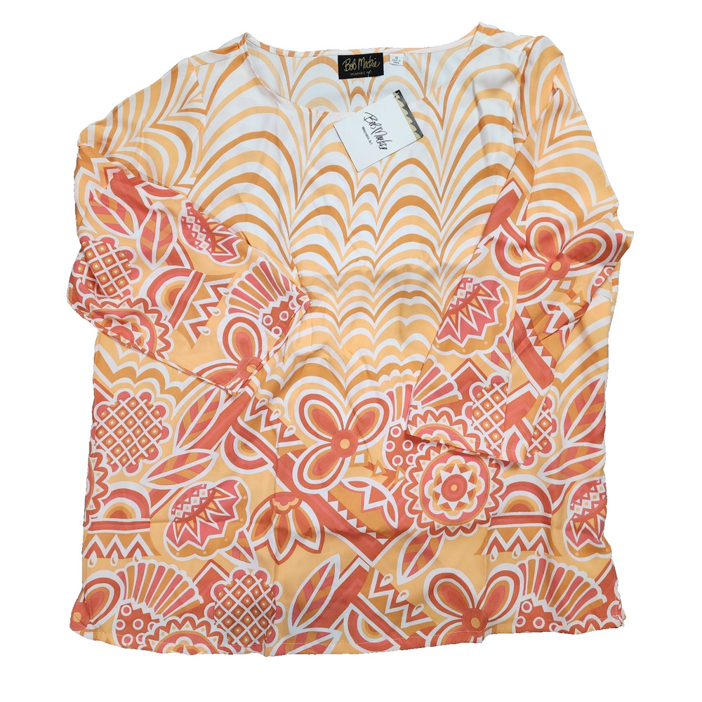 Bob Mackie Floral Top Women Size 1X Orange 3/4 Sleeve Polyester